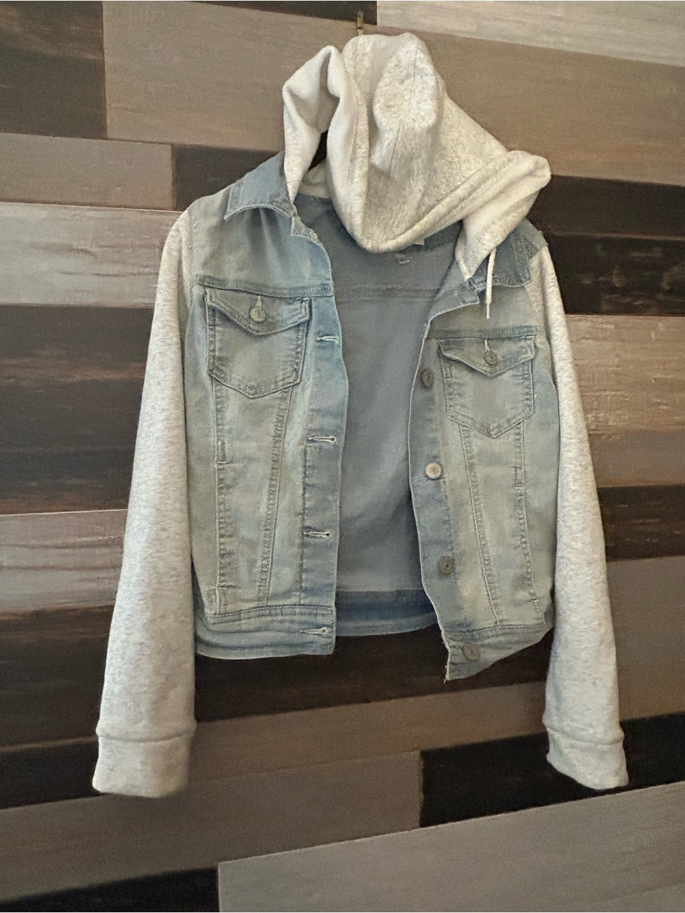 Wallflower Light Blue Denim Jacket with Gray Hoodie Sleeves size small